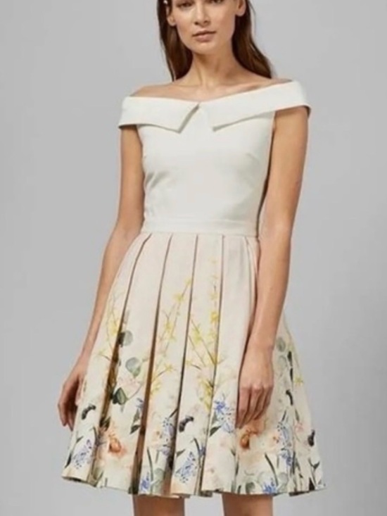 Ted Baker Dresses & Skirts - Ted Baker One-Shoulder Cream Dress with Floral Pleated Skirt